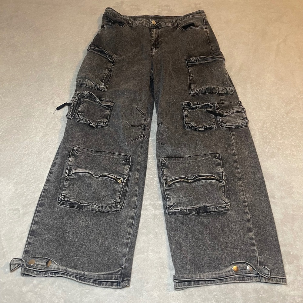 Y2K Jeans Women 20 Grey Acid Wash Multi Pocket Cargo Baggy Wide Leg Utility